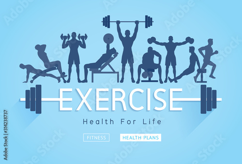 Exercises conceptual design. Young people doing silhouette workout. Sport Fitness banner promotion vector Illustrations.