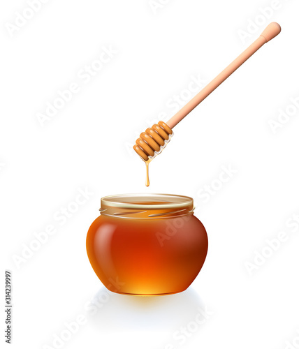 Jar of honey with honey spoon and drop on it. Realistic vector drawing isolated on a white background. Vector design element for beekeeping business or healthy eating illustration.