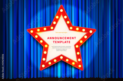 Star shaped red frame with lighting bulbs, template in vintage style on blue curtain