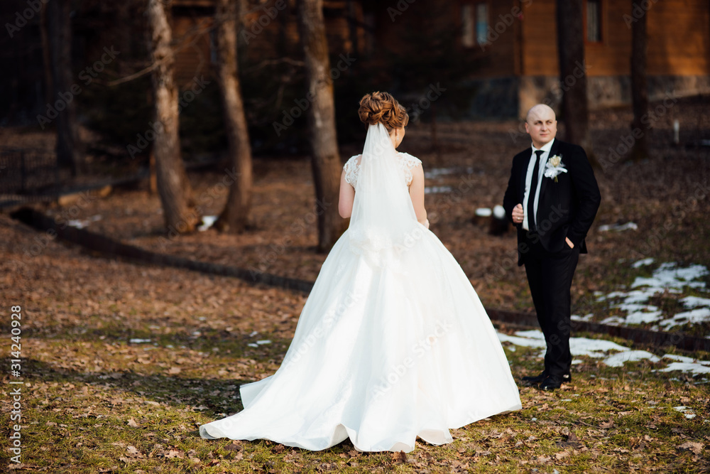 Elegant stylish groom with his happy gorgeous bride on the background of trees in the park. Beautiful couple in love newlyweds in autumn. The best day of a young couple. Wedding day.