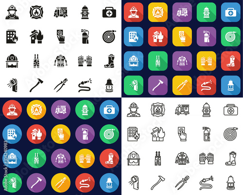 Firefighter Or Firefighter Equipment Icons All in One Icons -Black & White-Color Flat Design-Thin Line- Set