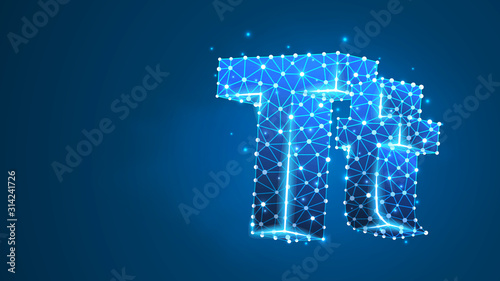 Alphabet letter T. Design of an Uppercase and lowercase english letters. Banner, template or a pattern. Abstract digital wireframe, low poly mesh, vector blue neon 3d illustration. Triangle, line dot