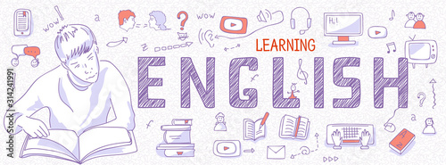 Horizontal Internet banner about learning English language: boy reads a book. Blue outline icons, symbols on white background. Line art illustration for English school, courses, panoramic view, vector