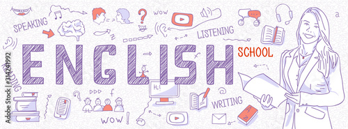 Horizontal Internet banner learning English: language teacher with student book. Blue outline icons, symbols white background. Line art illustration for English school, courses, panoramic view, vector