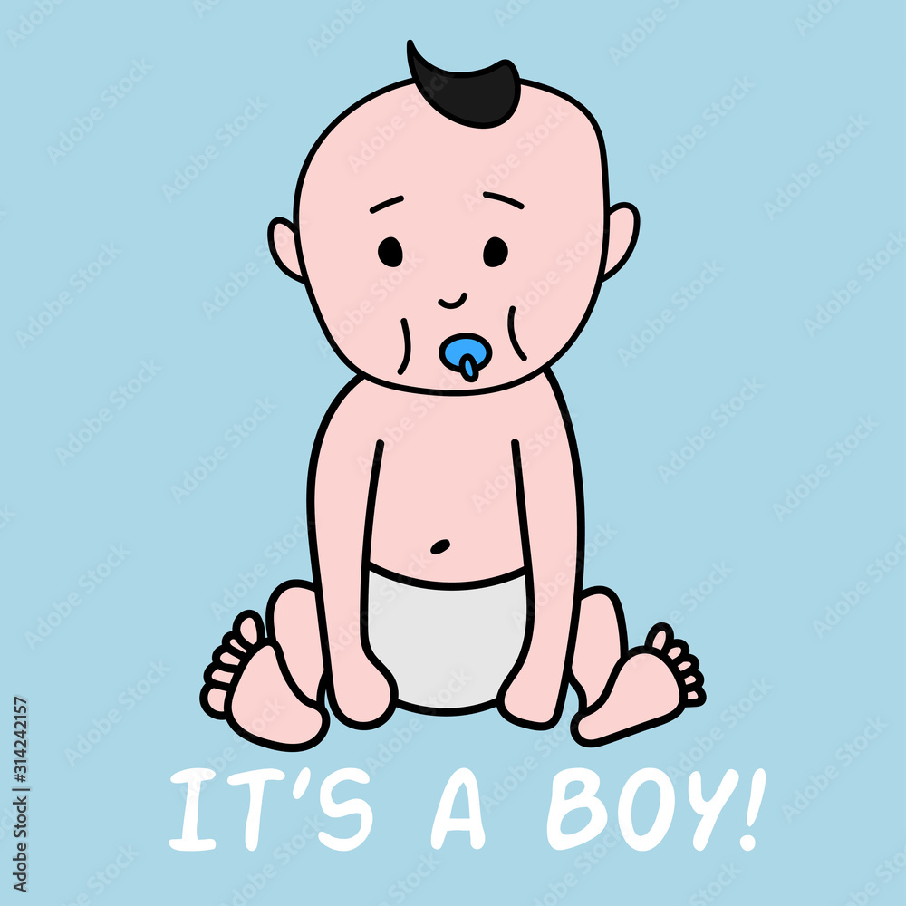 it's a boy, vector hand drawn baby boy with text it's a boy, vector hand drawn baby boy with text