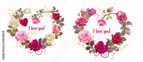 Hearts of flowers. Valentine's Day card. Red, pink, white roses, purple anemones, green twigs, buds, leaves on white background. Digital draw, concept for design in watercolor style, vector © analgin12