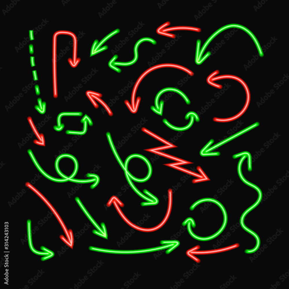 Vector Red and Green Neon Arrows Isolated on Black Background, Icons Set. Vector Red and Green Neon Arrows Isolated on Black Background, Icons Set.