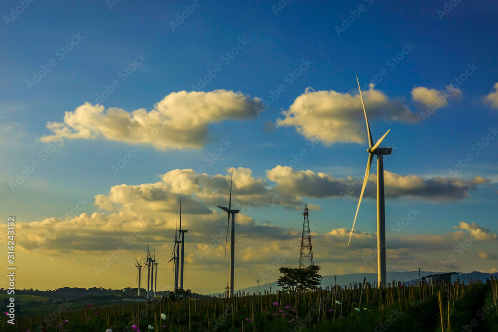 Obraz premium Wind turbine farm from clean energy. Wind power for electricity.