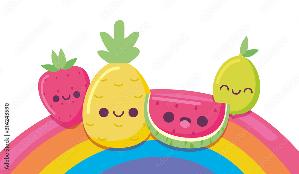 kawaii lemon pineapple watermelon and strawberry cartoon vector design