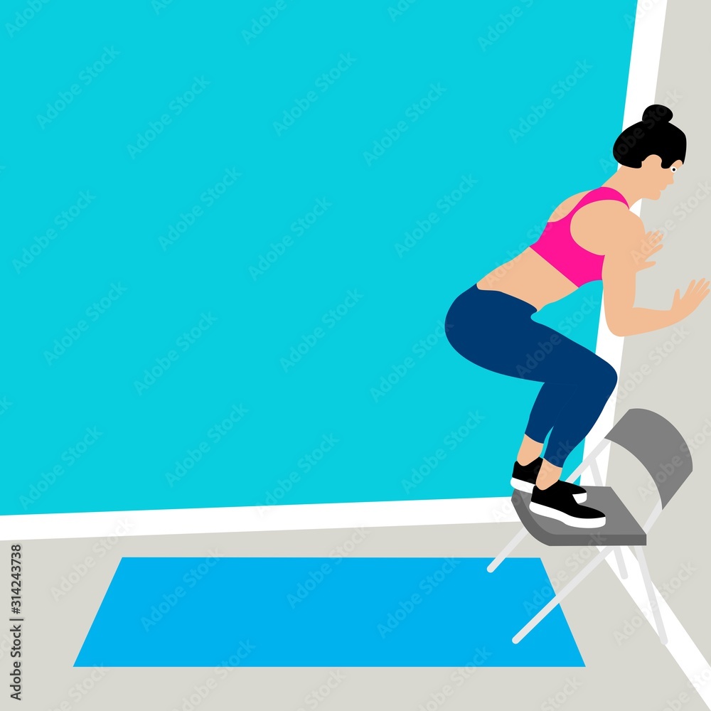 Beautiful young woman doing exercises on chair in a fitness studio. Girl exercising fitness training. People vector illustration. Beautiful young woman doing exercises on chair in a fitness studio. Girl exercising fitness training. People vector illustration.