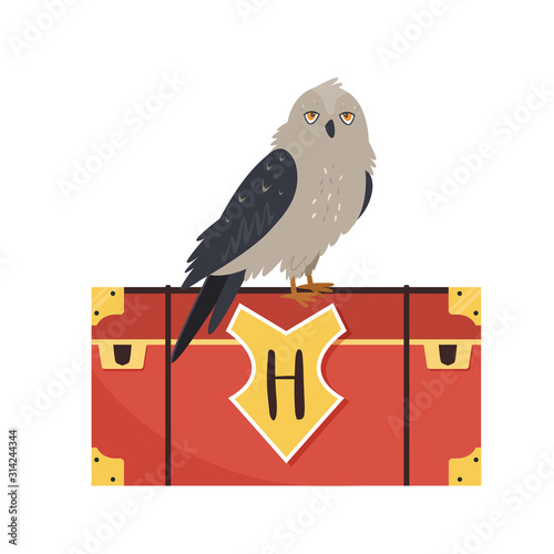 Owl sitting on a trunk. Vector illustration isolated on white background. Cute fantastic animal design