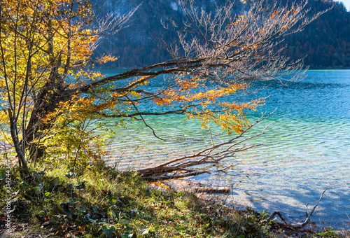 Fototapeta Naklejka Na Ścianę i Meble -  Peaceful Autumn Alps mountain lake Offensee lake, Salzkammergut, Upper Austria.
