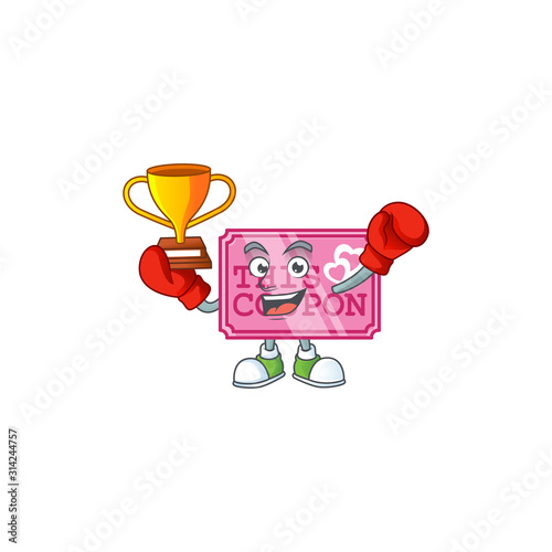 fantastic Boxing winner of pink love coupon in mascot cartoon style