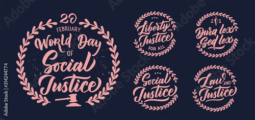 Social Justice phrases, logos, stamps, emblem, labels, compositions, sticker set.
