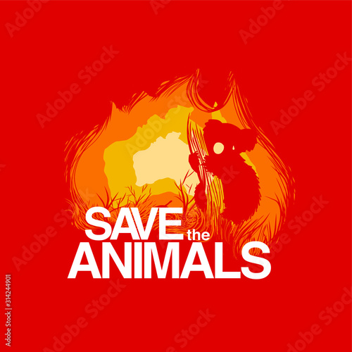vector illustration of a sad koala bear, in hot colour theme, represent wild fire in Australia.
