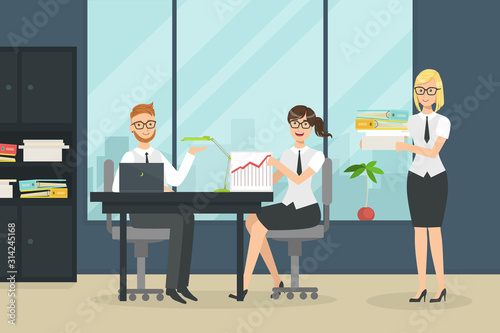 Cheerful Collegues Working in Office, People at Business Meeting Vector illustration