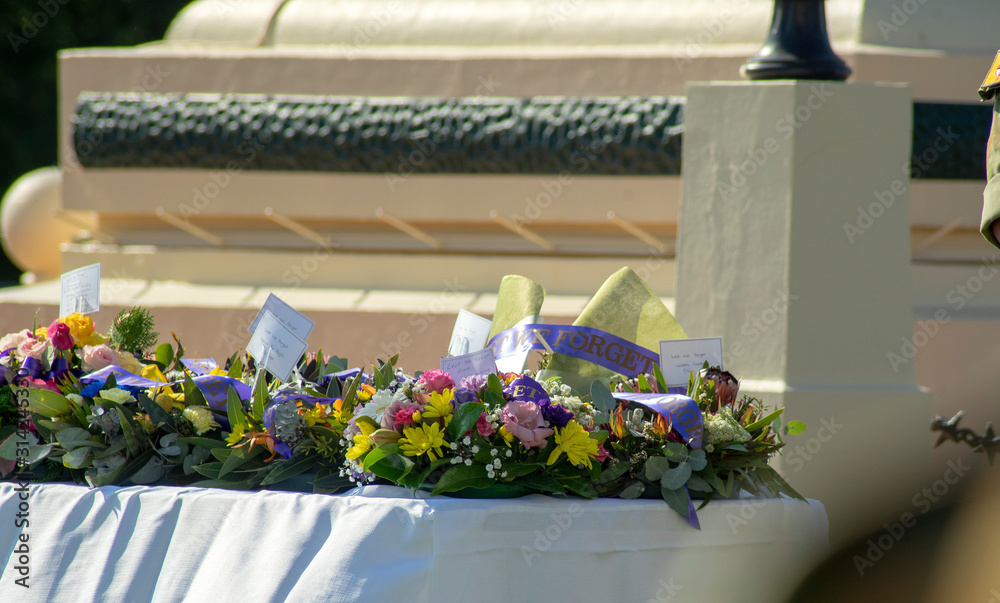 Wreathes waiting to be laid on ANZAC day, Leeton, NSW, Australia Wreathes waiting to be laid on ANZAC day, Leeton, NSW, Australia