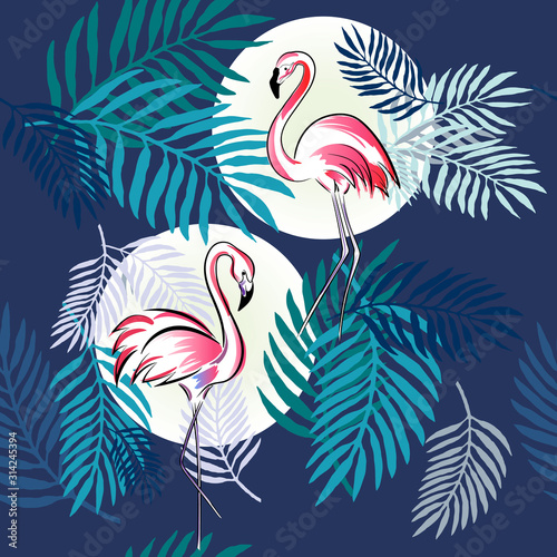 seamless pattern with birds blue palm leaves, pink flamingos on a background of a round moon.