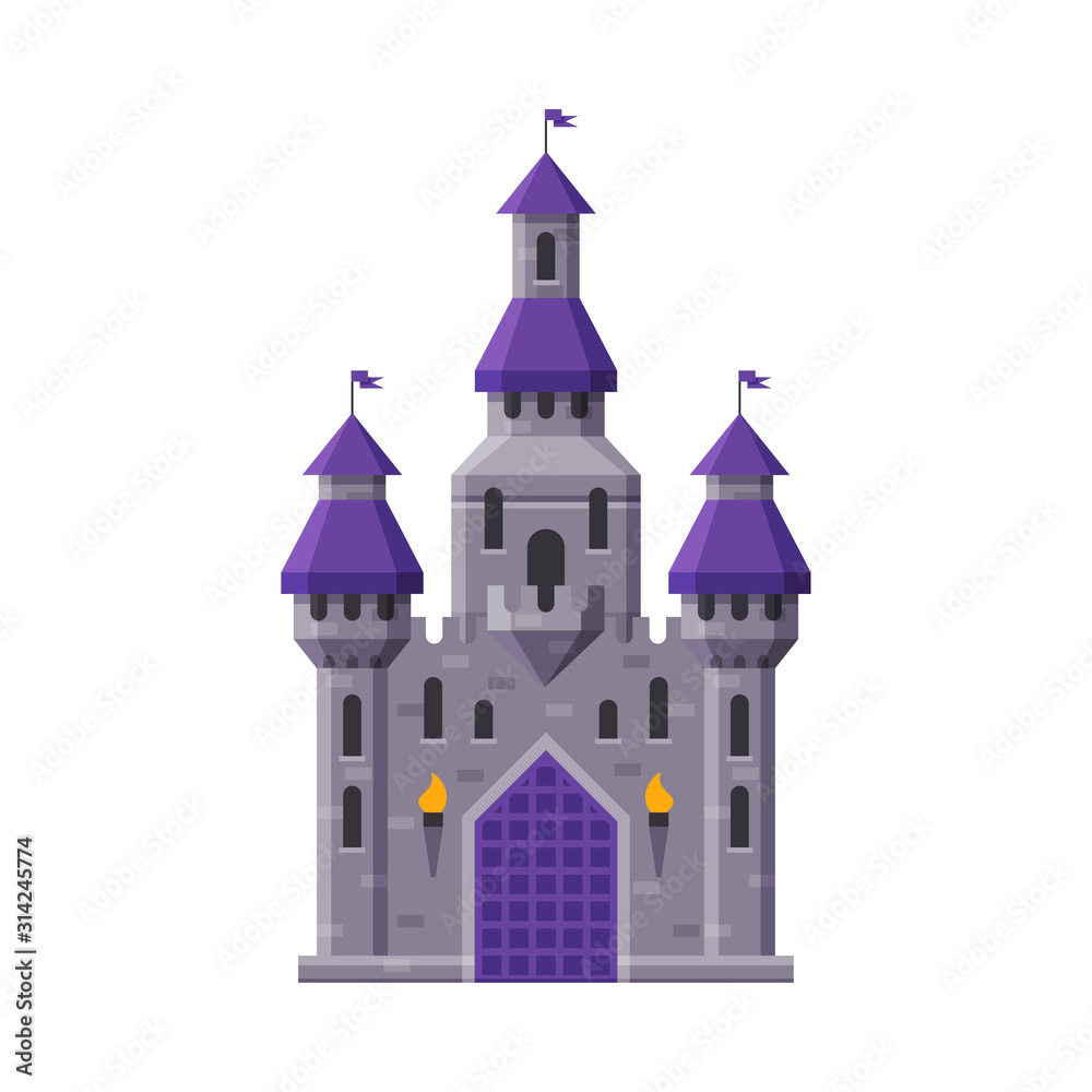 Medieval Fairytale Castle with Towers, Ancient Fortified Palace Exterior Vector Illustration