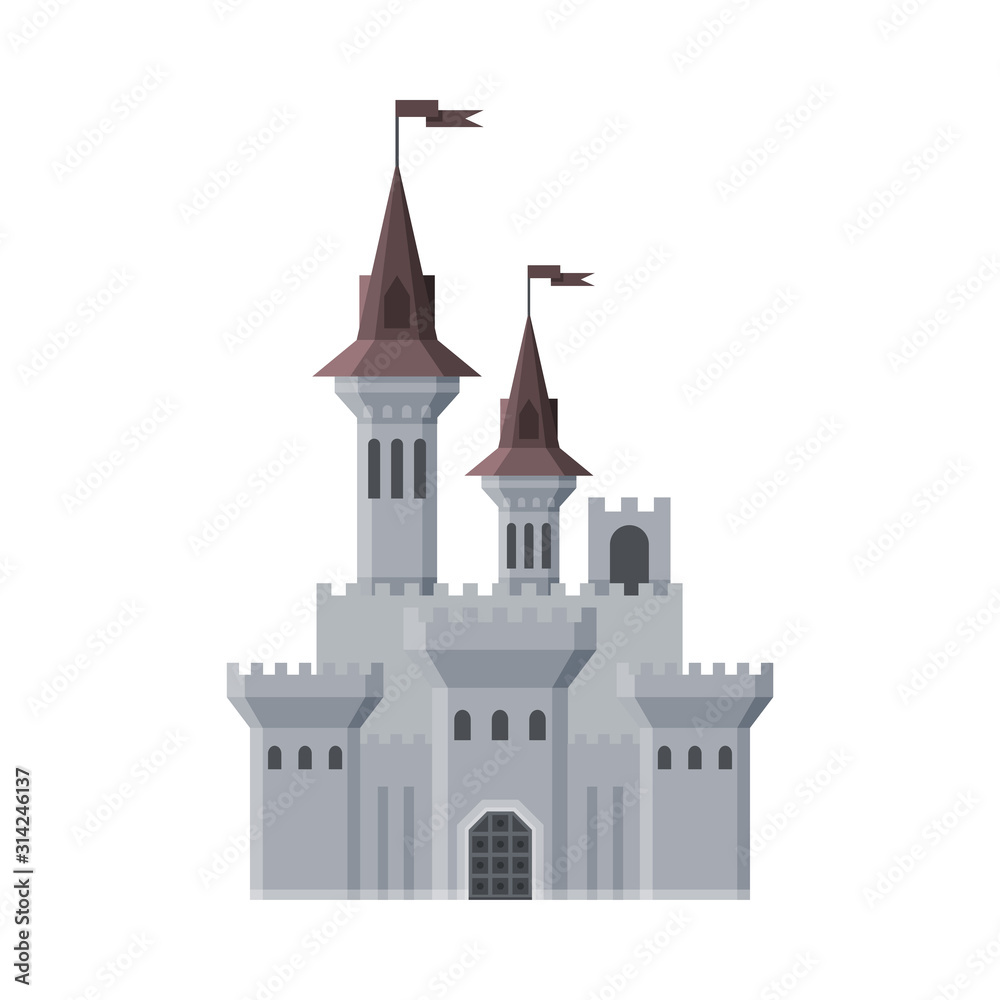 Medieval Castle, Fairytale Fortress with Towers, Old Stone Fortified Palace Exterior Vector Illustration