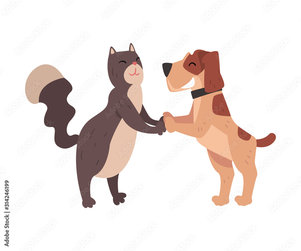 Funny Cat and Dog Holding Paws, Happy Pets Animals Characters are Best  Friends Vector illustration Stock Vector | Adobe Stock
