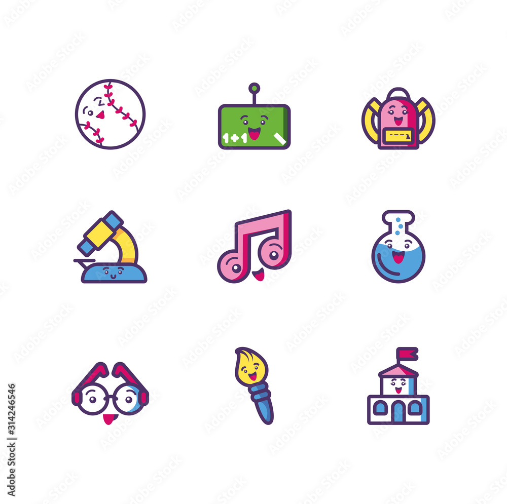 Kawaii school icon set cartoons vector design Kawaii school icon set cartoons vector design