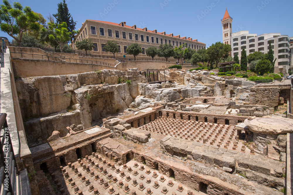 Ruins of the Roman Baths in downtown Beirut. Beirut, Lebanon - June, 2019