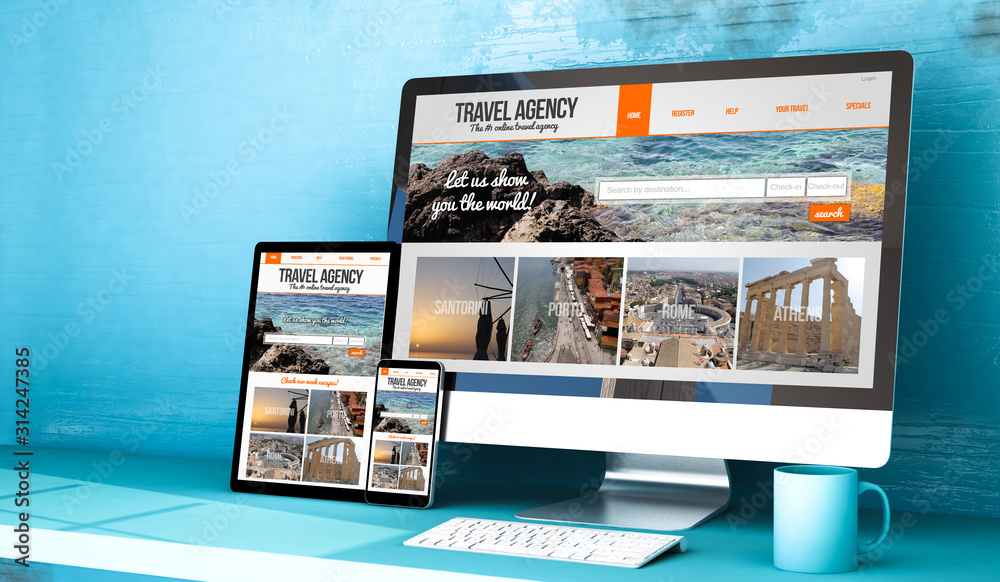 responsive devices with travel website on blue studio responsive devices with travel website on blue studio
