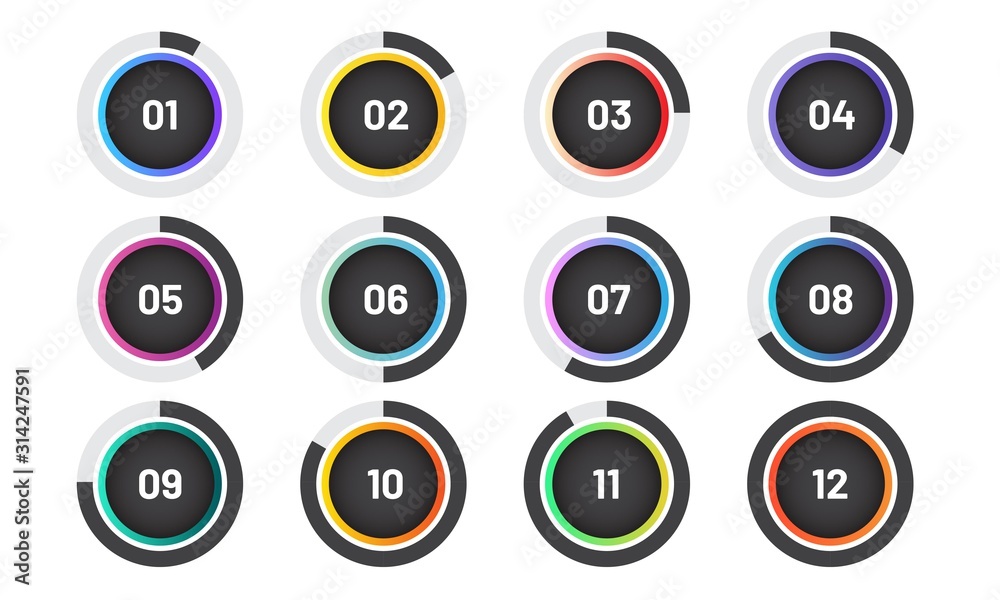 Modern bullet points set with pie chart. Trendy circle markers with number from 1 to 12. Modern bullet points set with pie chart. Trendy circle markers with number from 1 to 12.