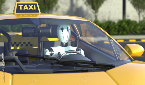 Fototapeta Naklejka Na Ścianę i Meble -  Robot taxi driver sits at the wheel of a yellow taxi. Car with autopilot. Future concept with smart robotics and artificial intelligence. 3D rendering.