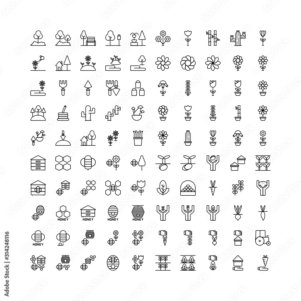 Set of 100 garden, harvest, agriculture outline style icon - vector
