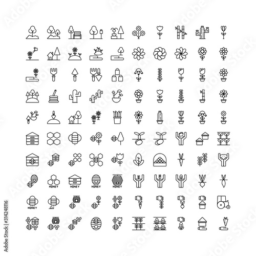 Set of 100 garden, harvest, agriculture outline style icon - vector