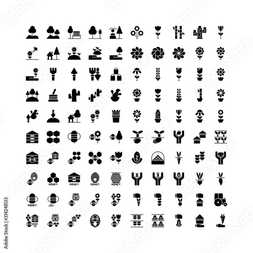 Set of 100 garden, harvest, agriculture glyph style icon - vector