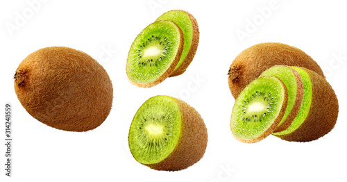 Fresh ripe kiwi fruit, whole, half cut, kiwi slices fruits set isolated. Kiwi design elements, studio shot focus stacking, white background. Raw tropical kiwi fruits, healthy diet nutrition clipart