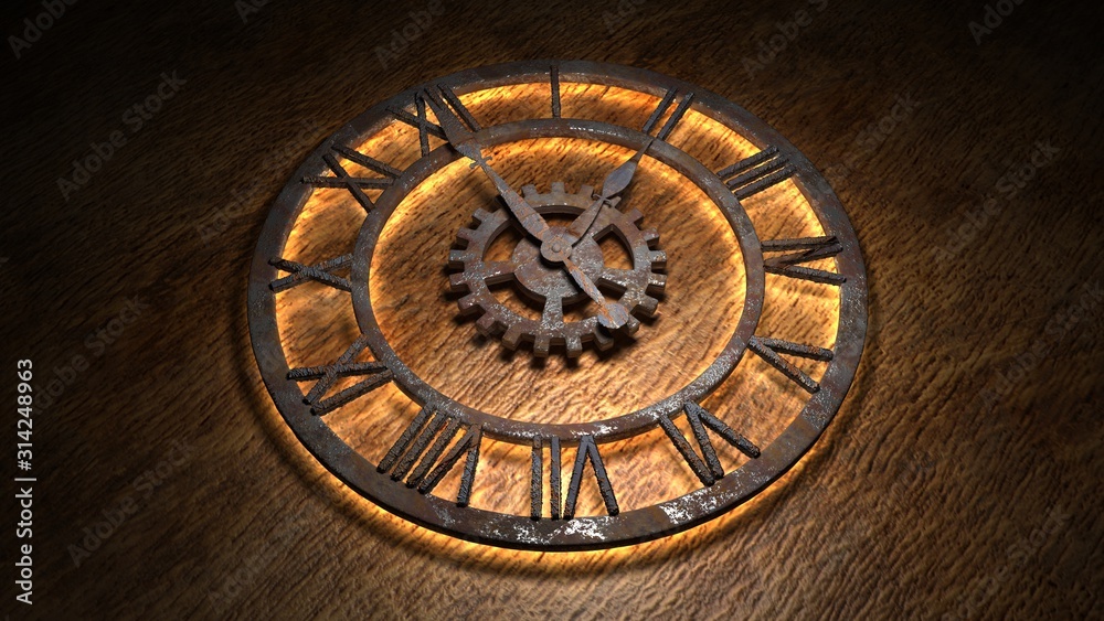 Obraz premium Time laps of an old watch. The hands of the clock spin quickly. Indicate the time is 02:00. Clock Time 2:00. 2 am, 2 pm. 3D illustration.
