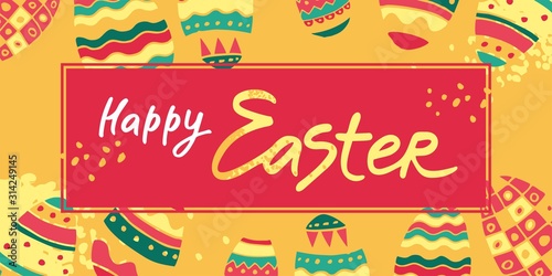 Color decorative cartoon banner with ornamental eggs and the phrase happy Easter hand drawn in a flat modern style. Horizontal poster, card, greeting for the spring holiday. Cute vector illustration.