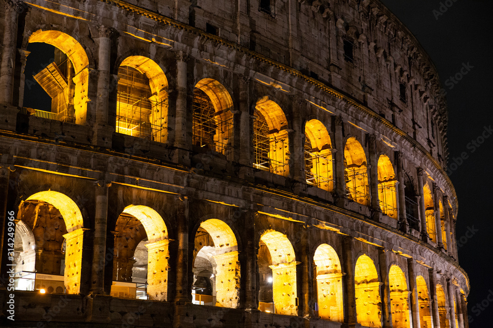 Detail of the Colosseum in Rome, night photo