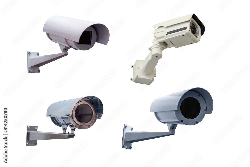 four modern video cameras to track the situation at the object on a white background four modern video cameras to track the situation at the object on a white background