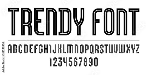 Trendy font, simple alphabet, uppercase black letters and numbers