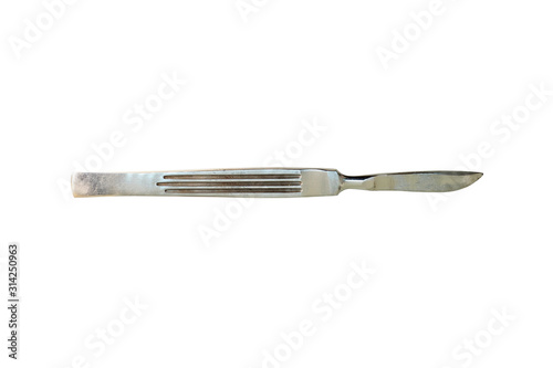 Foto Old medical scalpel isolated on a white background