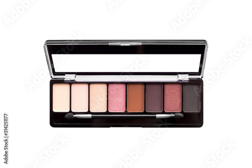 Papier peint Palette of eyeshadows in brown tones, matte and shimmer eyeshadows isolated on white background, top view