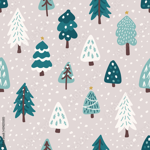 Cute Scandinavian Christmas Tree seamless pattern background with hand drawn Snowy Fir Trees Forest © C Design Studio