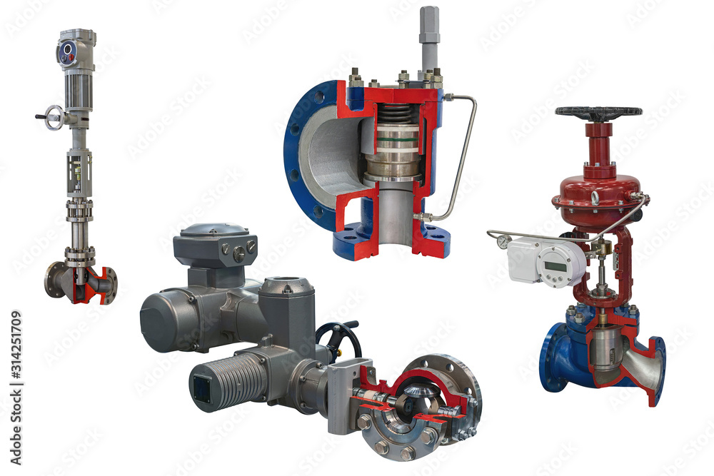 four modern shut-off valves with automatic control for gas pipeline isolated on a white background. Transverse section
