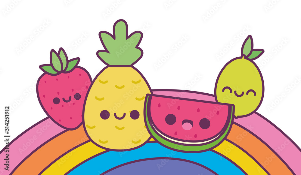 rainbow and kawaii fruits cartoons vector design