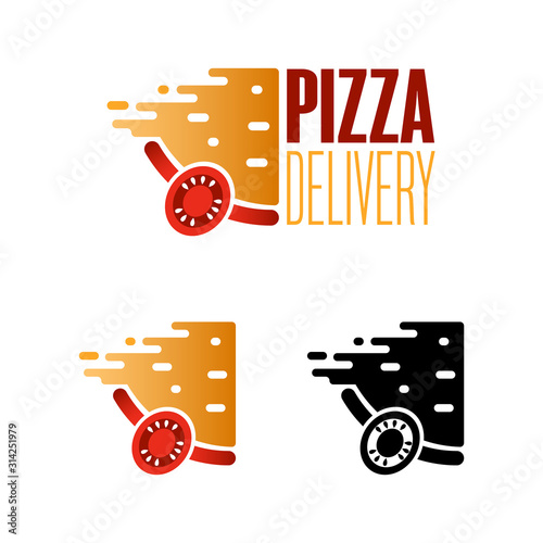 Pizza delivery logo. A piece of pizza with wheels In the form of tomatoes. photo