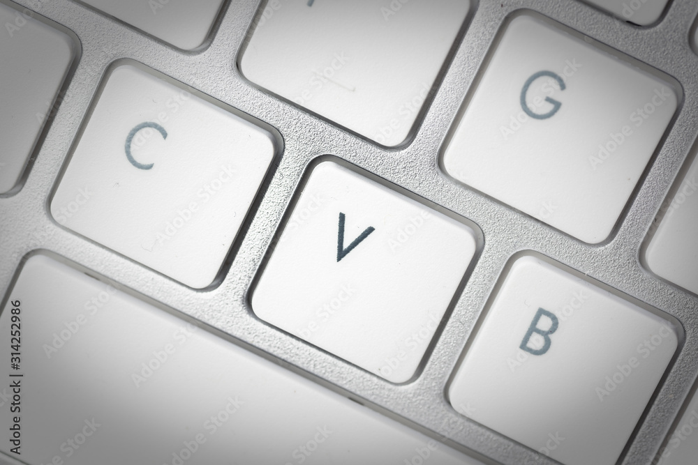 Computer keyboard - silver keyboard of a laptop with button V isolated. Home office with portable modern technology, IT and computing. Computer keyboard - silver keyboard of a laptop with button V isolated. Home office with portable modern technology, IT and computing.