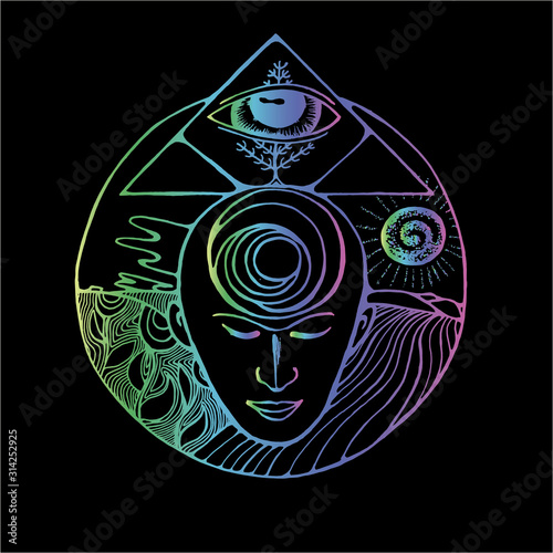 Color illustration of a meditating man, masonic triangle, eye and receding horizon.