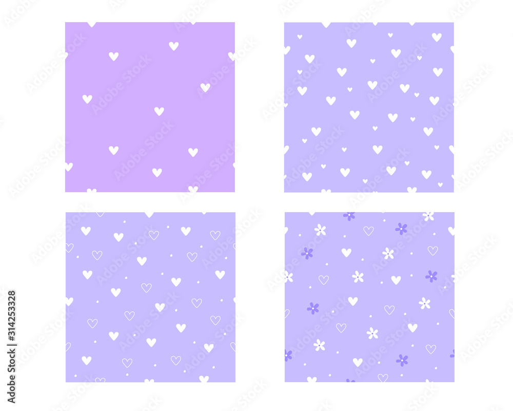 Vector graphics. Adorable, cute set of four patterns with hearts. Valentine's Day backgrounds templates. Light backgrounds. 