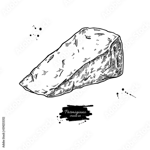 Parmigiano reggiano cheese drawing. Vector hand drawn food sketch. Engraved triangle slice of parmesan