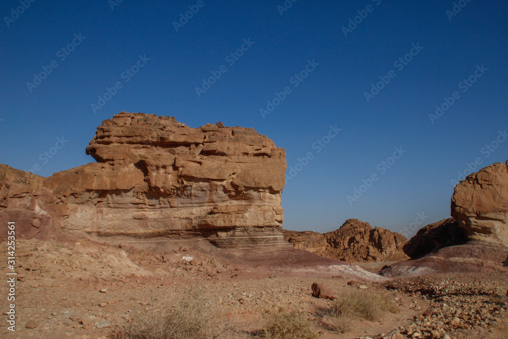Fototapeta premium The famous Timna National Park in the desert in southern Israel in the Eilat region. Sand cliffs, dry land, red sand in the form of pillars and mushrooms. Sights of Israel.